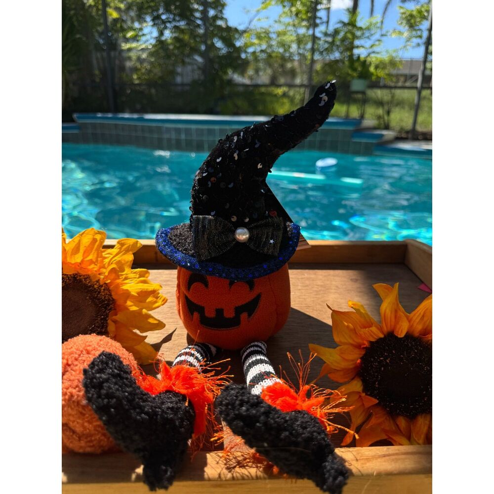 NEW NWT Halloween Pumpkin Gnome Plush 17.7" Black Sequin Witch Hat Mini Gnome